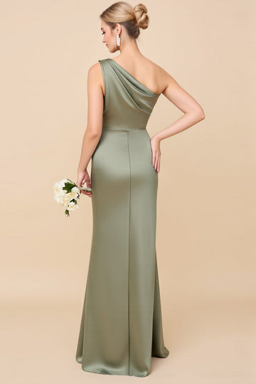 One Shoulder Sheath Eucalyptus Ruched Bridesmaid Dress